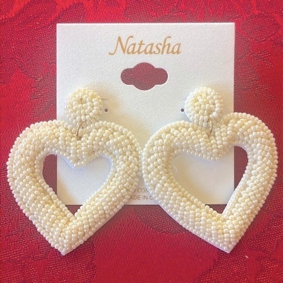 Brand New Natasha Beaded Pearl Cream Heart Drop Earrings Valentine’s Day - Picture 3 of 13